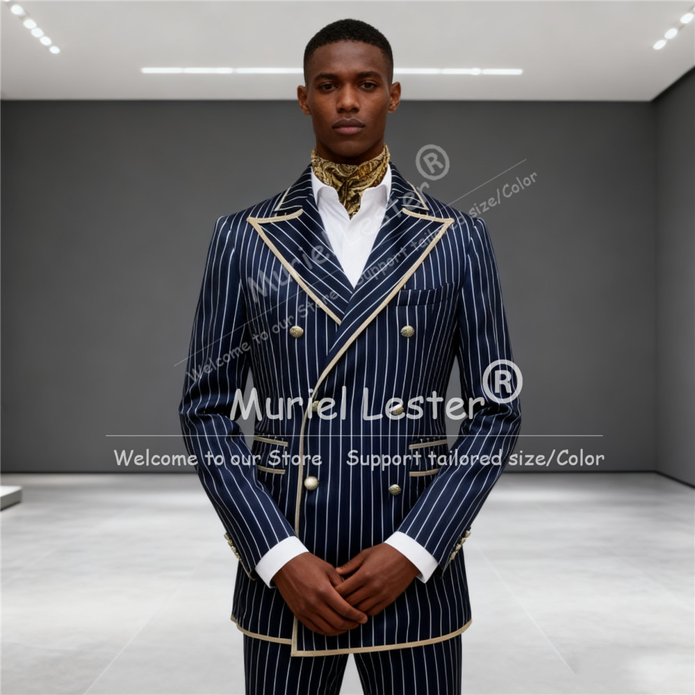 Men Grooming Outfit - Navy Striped Men Suits Peak Lapel