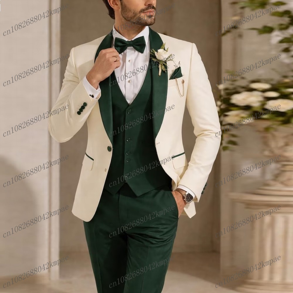 Men Grooming Outfit - New Ivory And Dark Green Formal